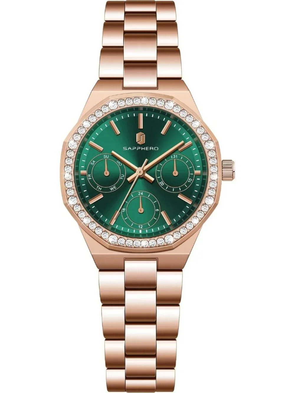 Women's Rose Gold Strap/ Green Round Face Analog Waterproof Elegant Wrist Watch